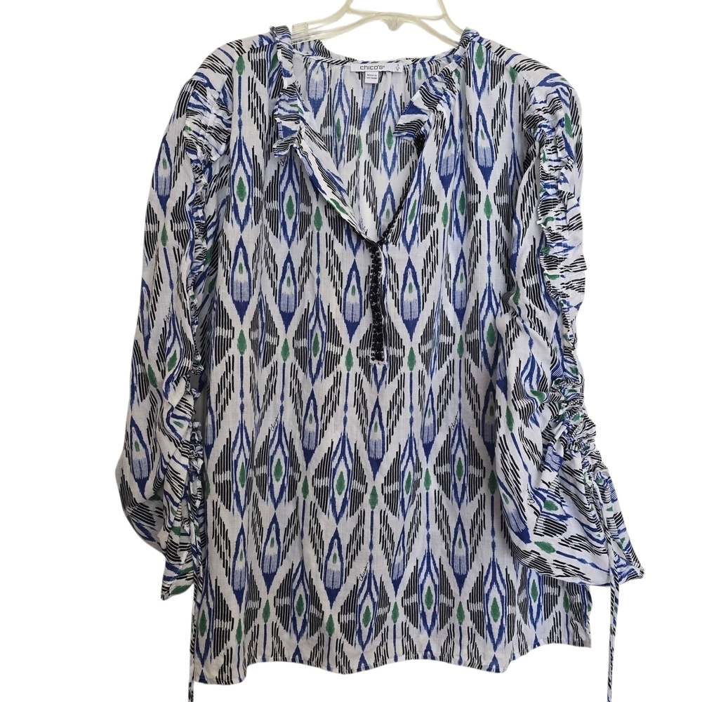 Chico's Black White Green Embellished Beads Blouse with Ruffle Detail